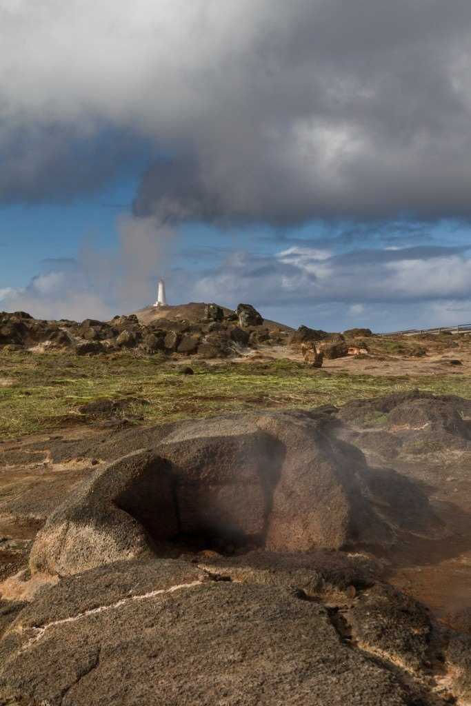 Fumarole Gunnuhver in front of the Lighthouse Reykjanesviti – Reykjanes - Iceland