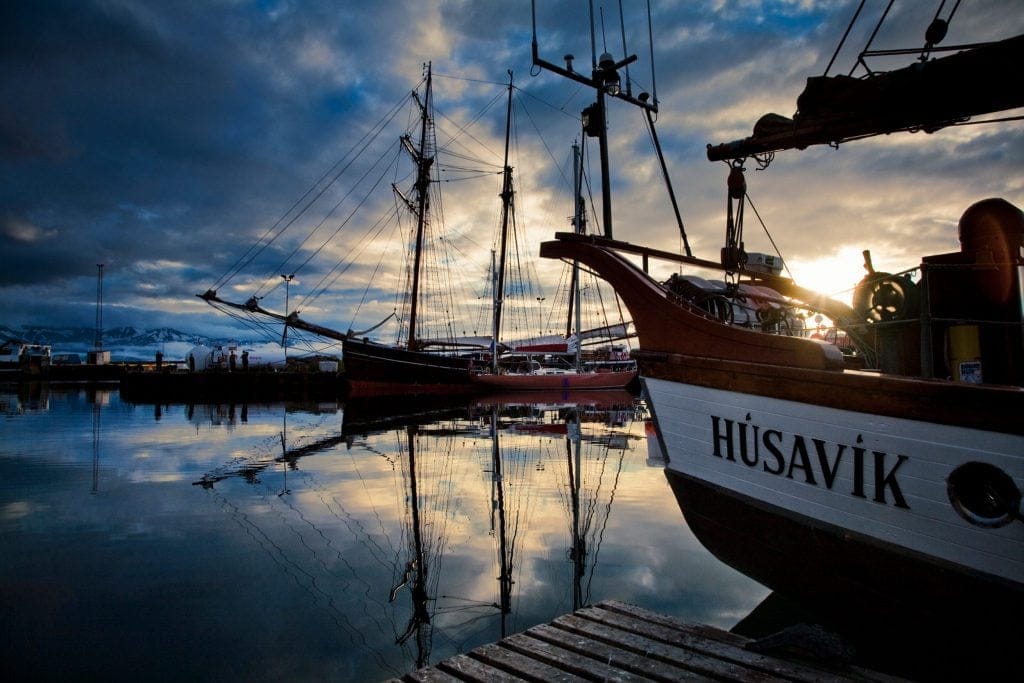 Húsavik harbour in sunset