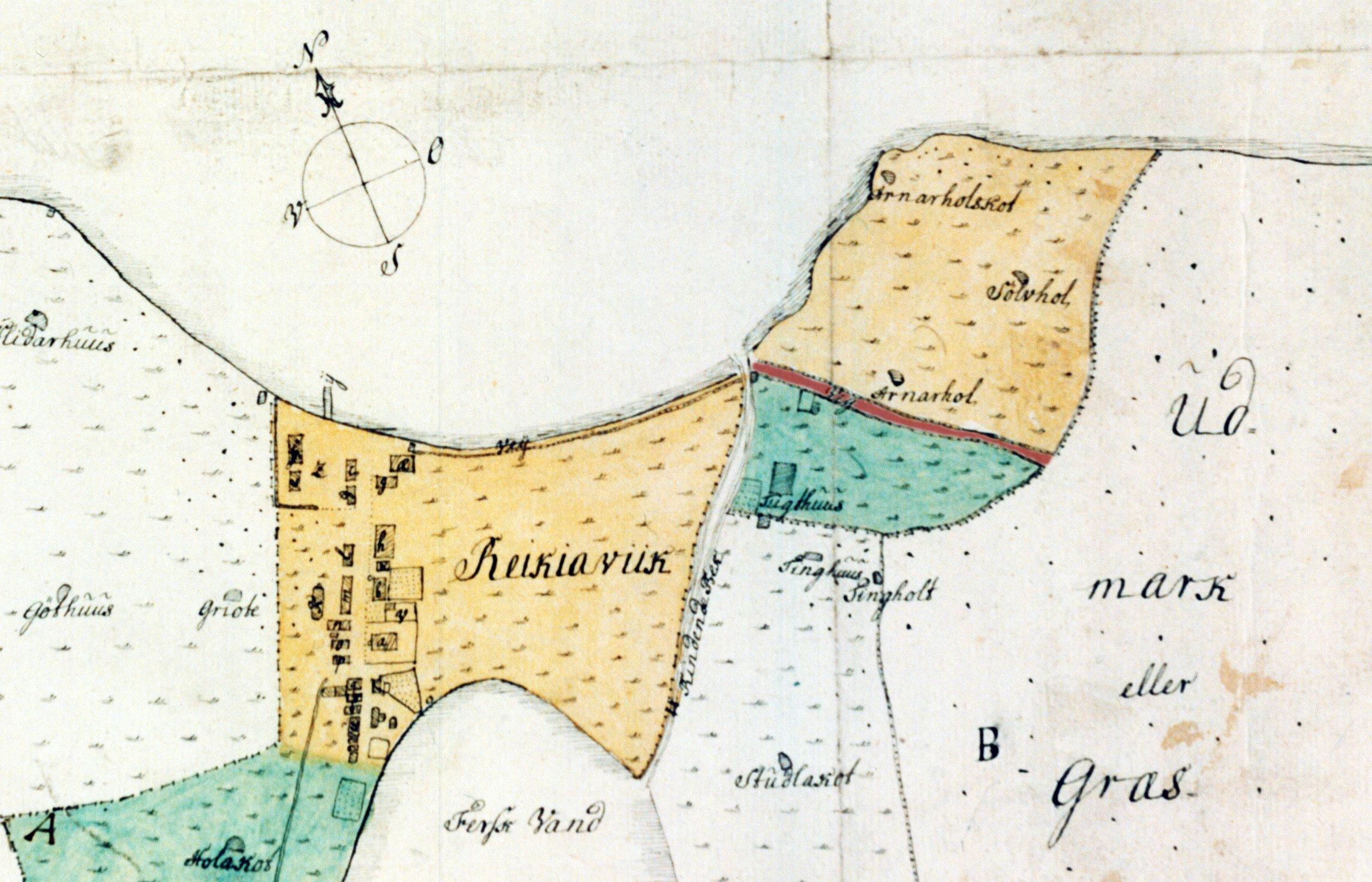 Árið 1787 var stofnaður kaupstaður í Reykjavík og af því tilefni gert kort af kaupstaðarlóðinni. Kortið sýnir Tjörnina og Lækinn, húsin við Aðalstræti, býli og hjáleigur