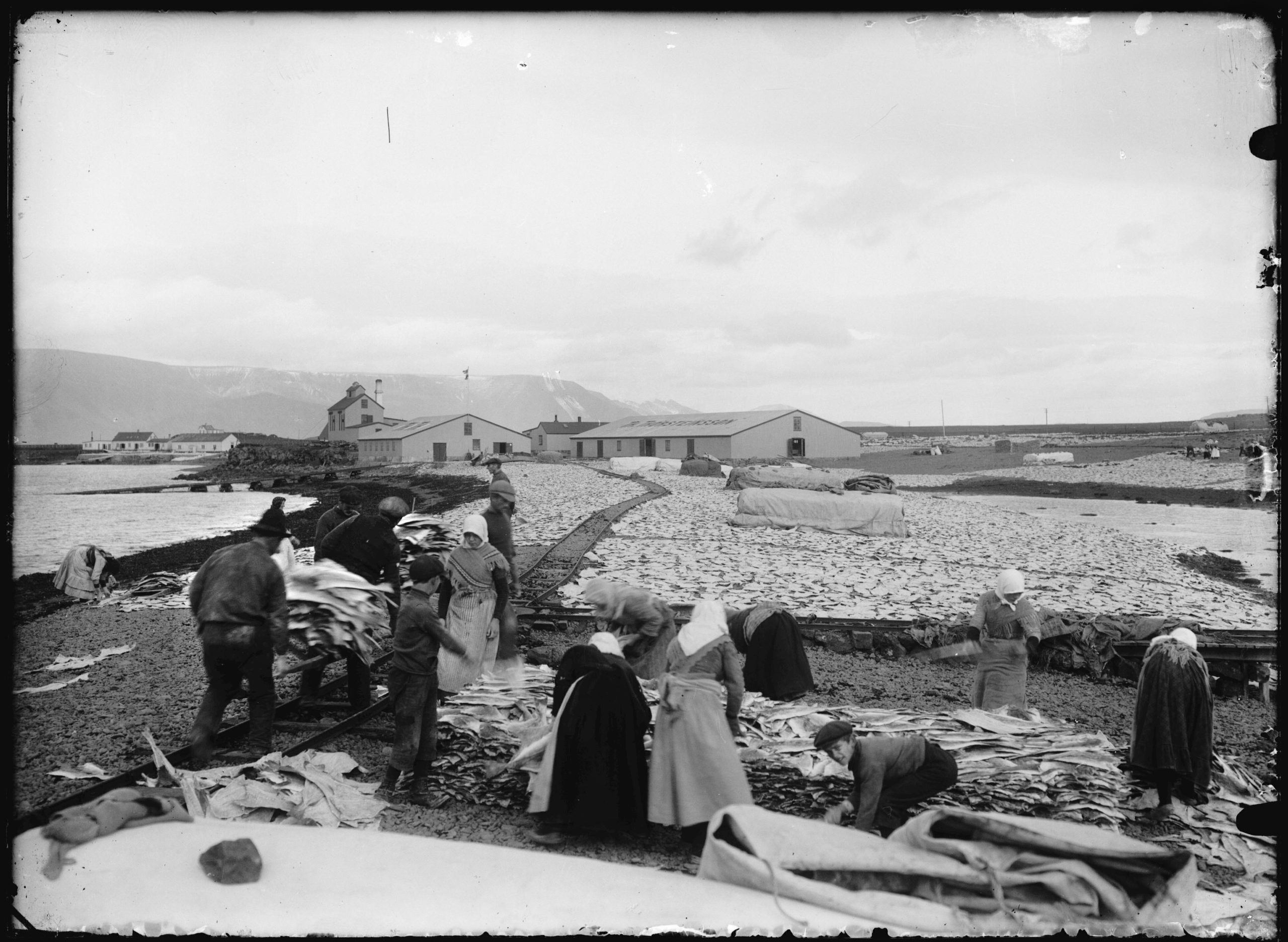 People at work at the fish-drying grounds in Kirkjusandur