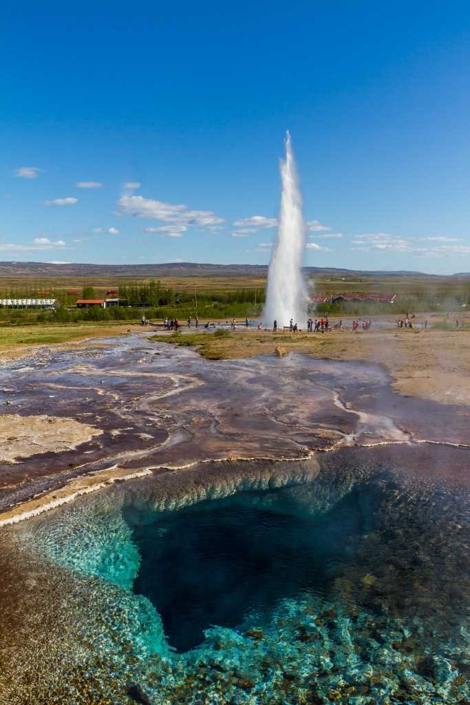 Strokkur is a fountain geyser in the geothermal area beside the Hvítá River in Iceland in the southwest part of the country