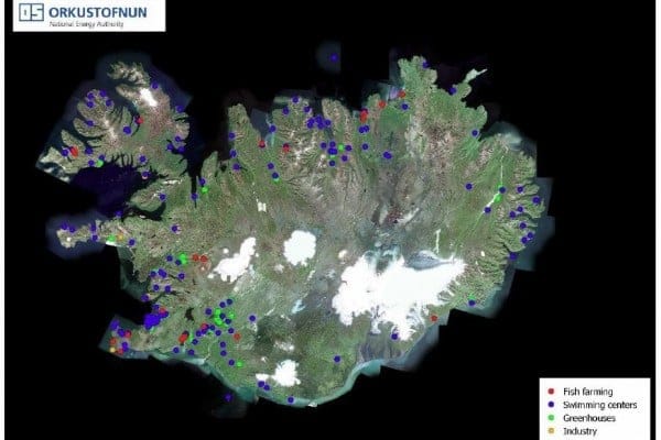 Figure 2: Satellite image of Iceland in summer time showing where geothermal is used for various uses like swimming, fish farming, industrial processes and heating greenhouses in year 2014.